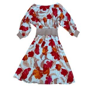 Anthropologie Maeve Red Orange Gemma Floral Midi Poppy Dress Women size S Preppy